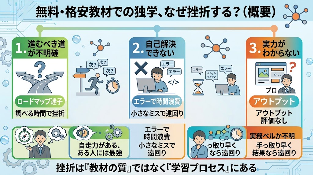 無料教材や格安教材(YouTube・Udemy・書籍)だけではダメなの?