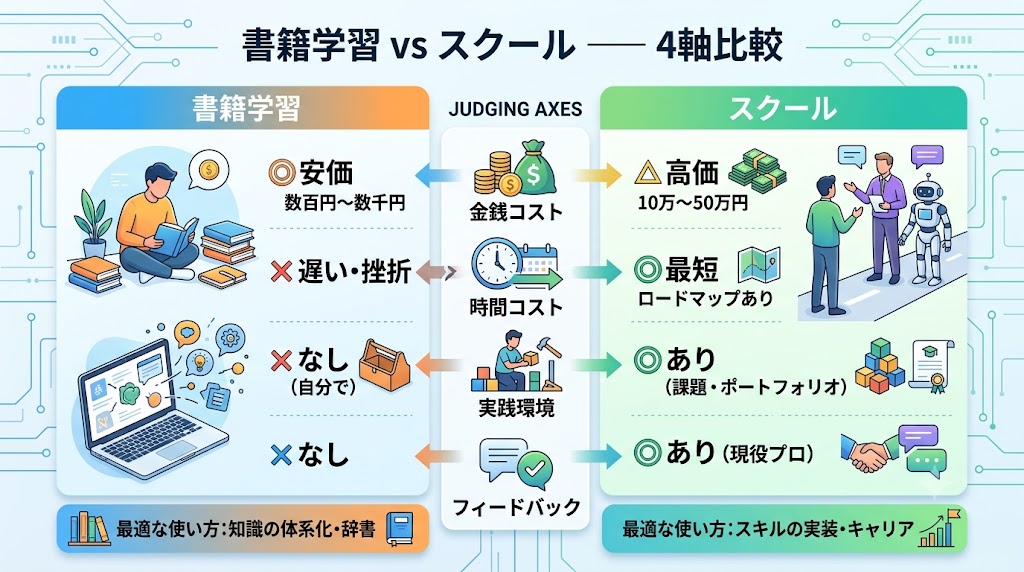 書籍 vs スクール──4軸だけで比較する