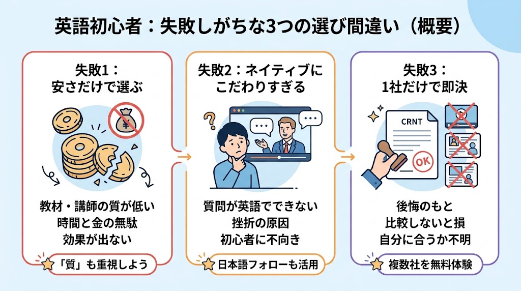 英語初心者が失敗しがちな3つの選び間違い
