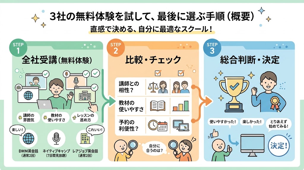 3社の無料体験を全部試して最後に選ぶ手順