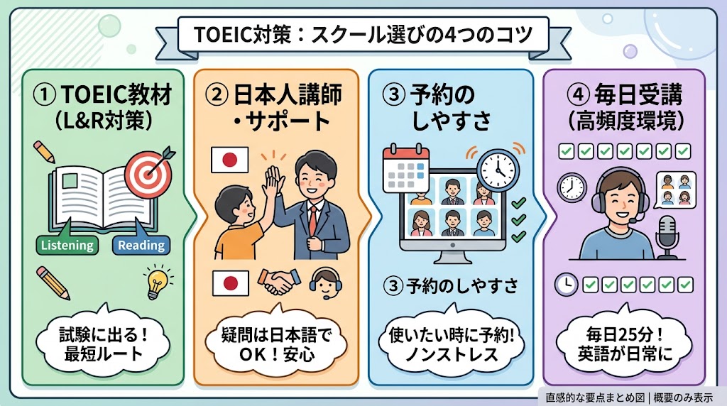TOEIC対策向けオンライン英会話の選び方4つのポイント