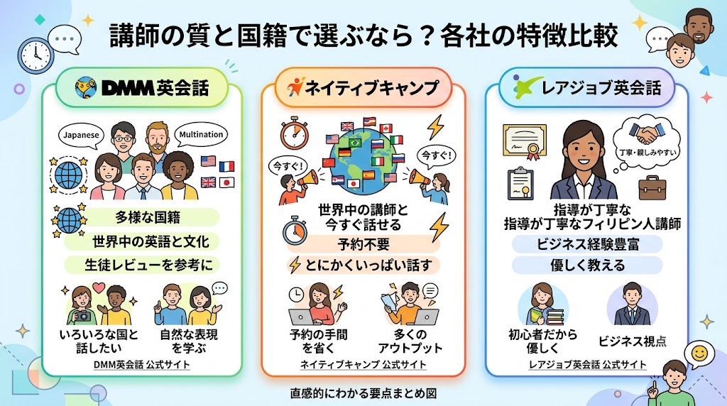 講師の質と国籍で選ぶなら？各社の特徴比較